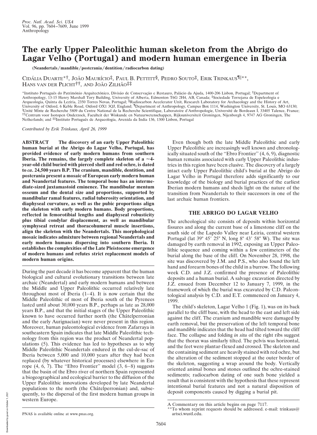 The Early Upper Paleolithic Human Skeleton from the Abrigo Do Lagar Velho