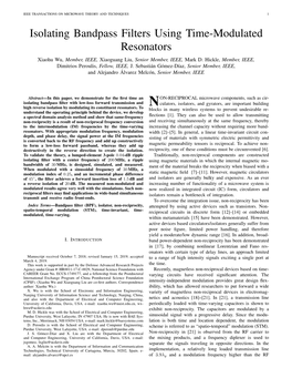 Isolating Bandpass Filters Using Time-Modulated Resonators Xiaohu Wu, Member, IEEE, Xiaoguang Liu, Senior Member, IEEE, Mark D