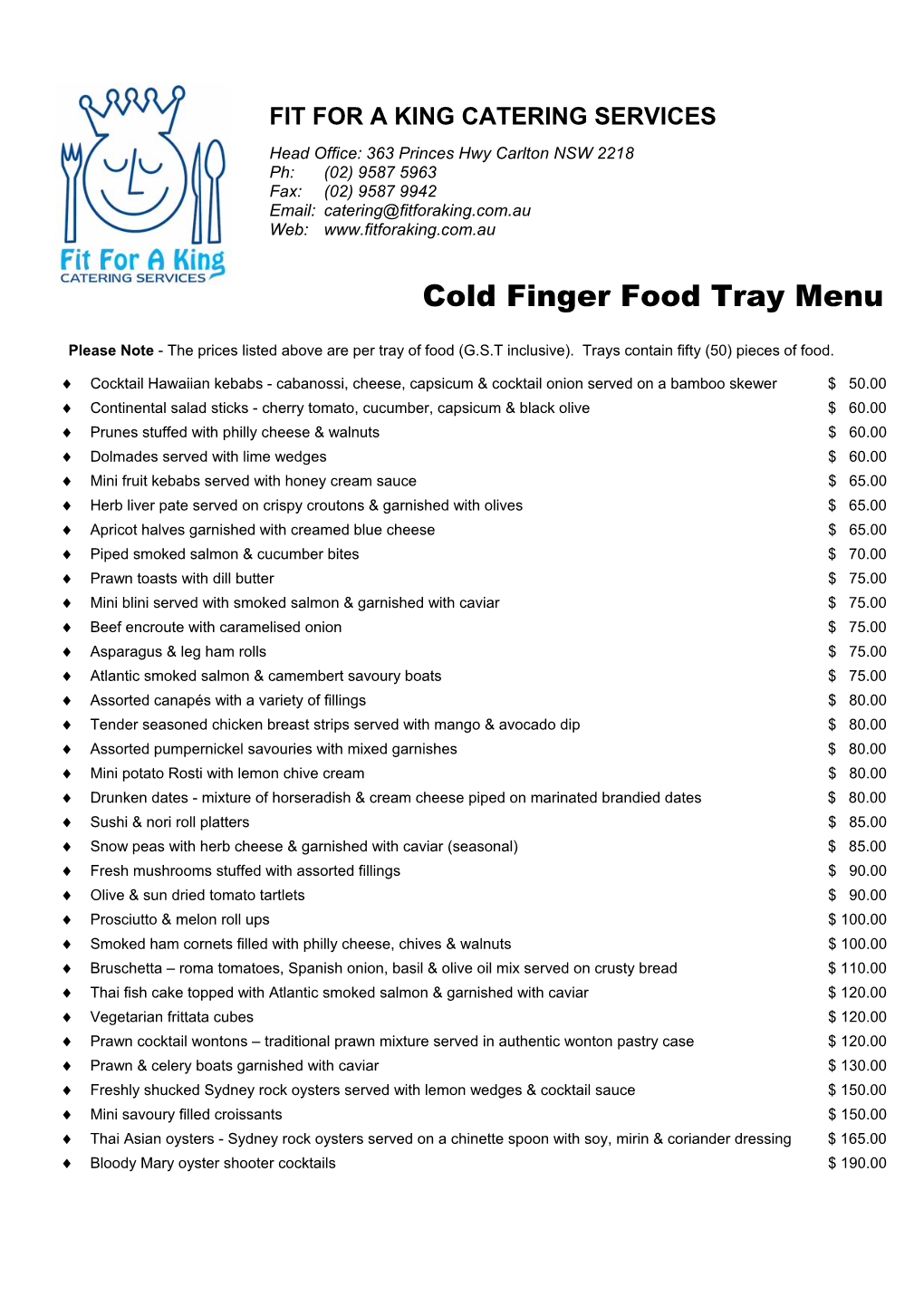 Cold Finger Food Tray Menu