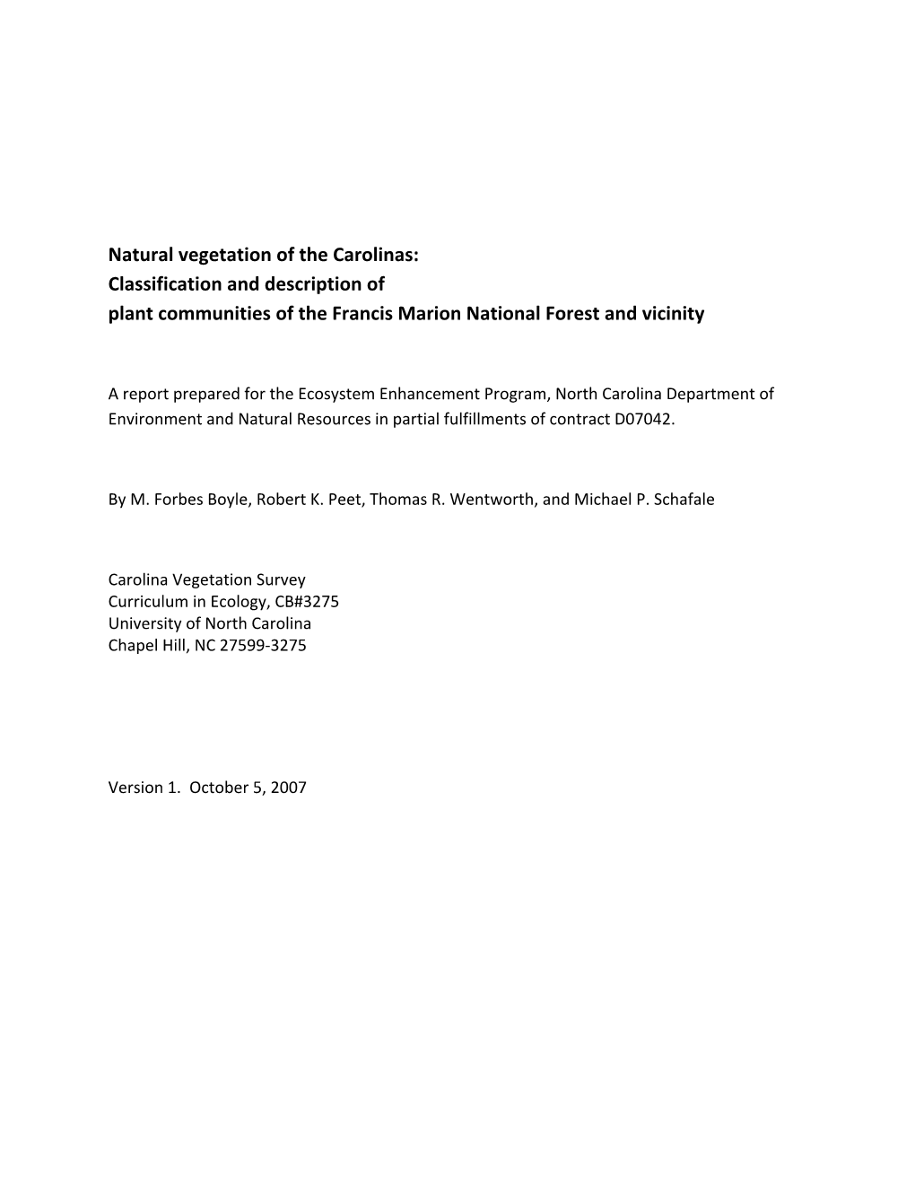 Classification and Description of Plant Communities of the Francis Marion National Forest and Vicinity