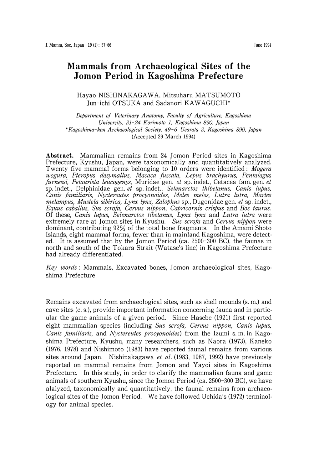 Mammals from Archaeological Sites of the Jomon Period in Kagoshima Prefecture