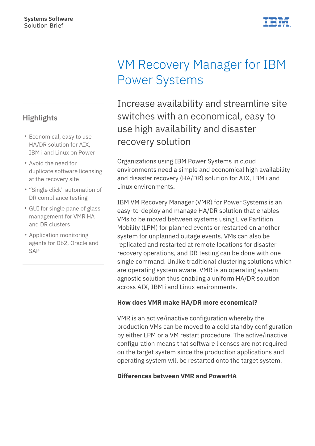 VM Recovery Manager for IBM Power Systems