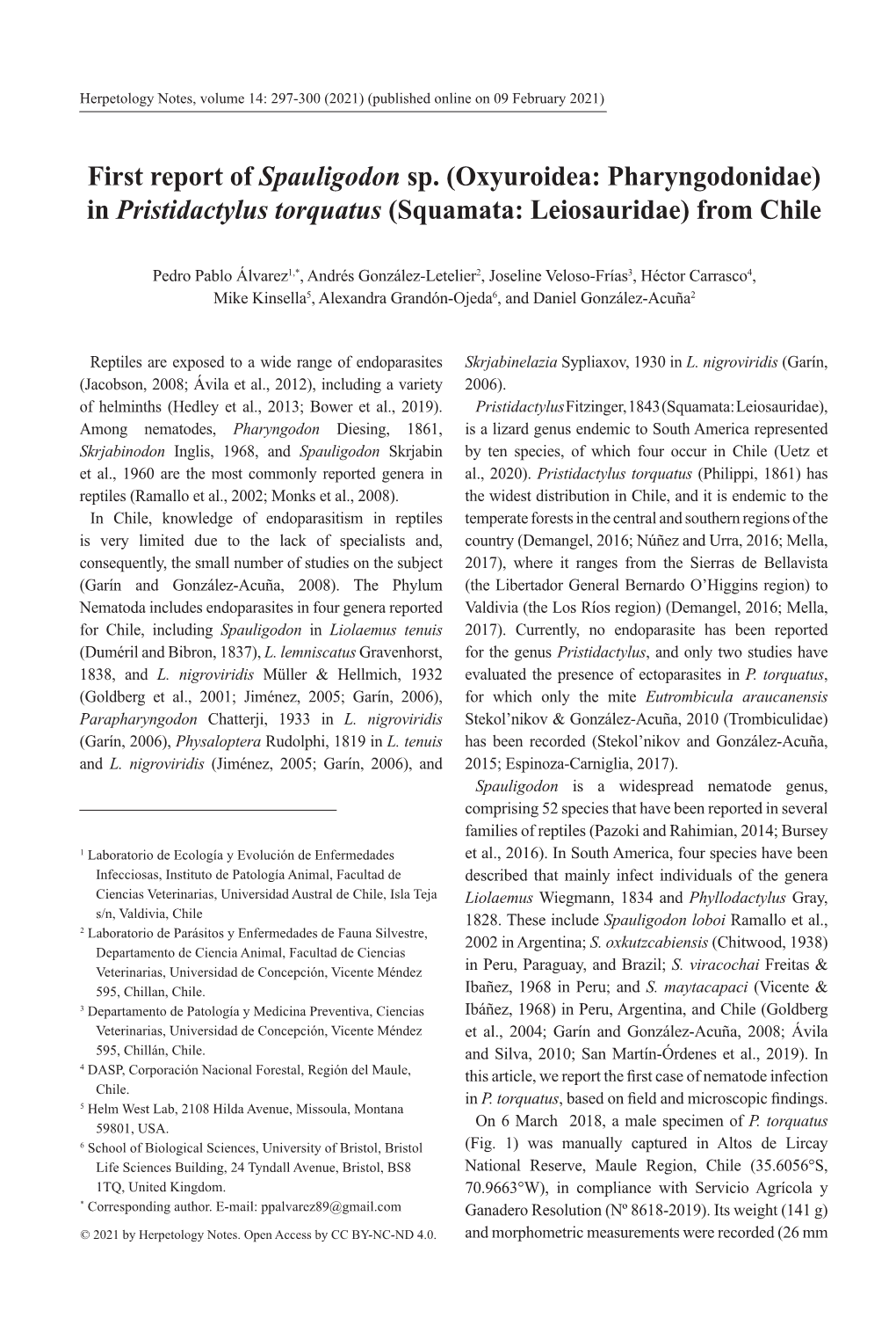 Oxyuroidea: Pharyngodonidae) in Pristidactylus Torquatus (Squamata: Leiosauridae) from Chile