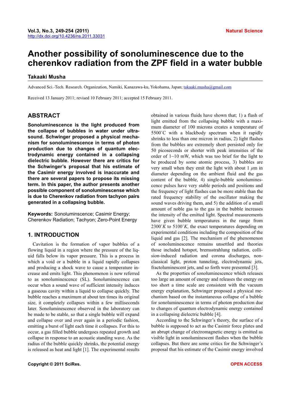 Another Possibility of Sonoluminescence Due to the Cherenkov Radiation from the ZPF Field in a Water Bubble