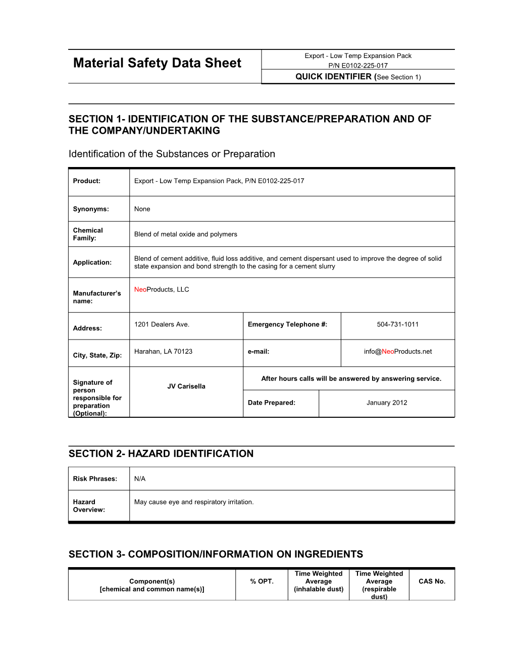 Material Safety Data Sheet s15