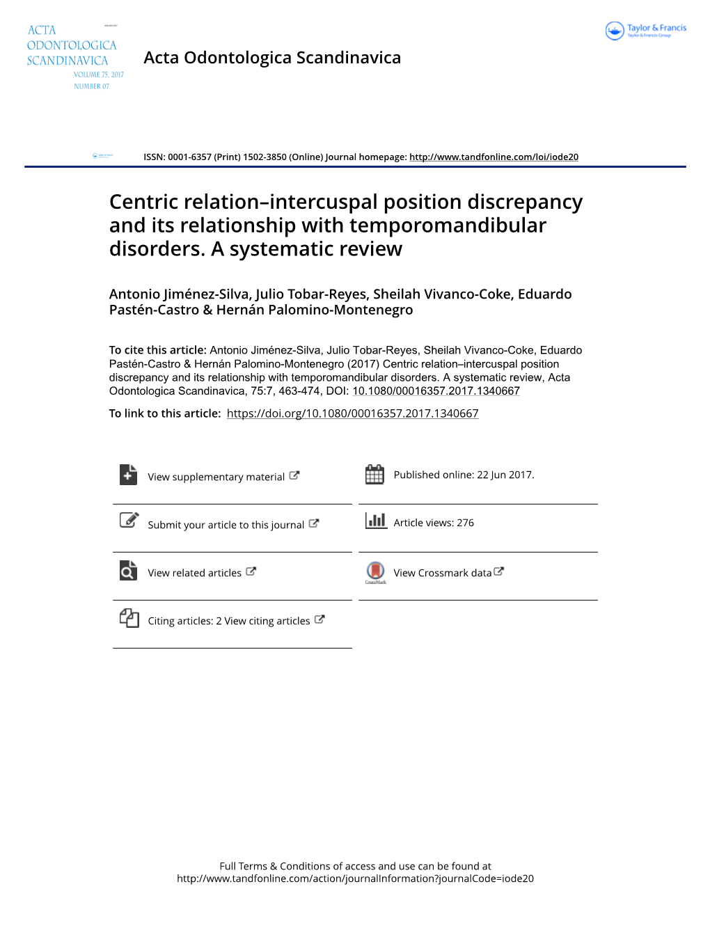 Centric Relation–Intercuspal Position Discrepancy and Its Relationship with Temporomandibular Disorders