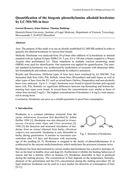 Quantification of the Biogenic Phenethylamine Alkaloid Hordenine by LC-MS/MS in Beer