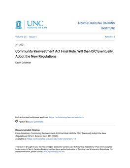 Community Reinvestment Act Final Rule: Will the FDIC Eventually Adopt the New Regulations