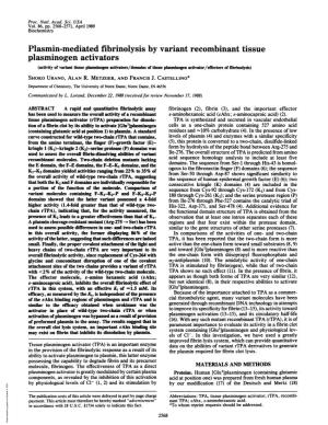 Plasminogen Activators (Activity of Variant Tissue Plasminogen Activators/Domains of Tissue Plasminogen Activator/Effectors of Fibrinolysis) SHOKO URANO, ALAN R
