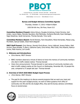 Bureau and Budget Advisory Committee Agenda Thursday, October 17, 2019, 4:00Pm-6:00Pm 1050 SW 6Th Ave, 5Th Floor, Room 513