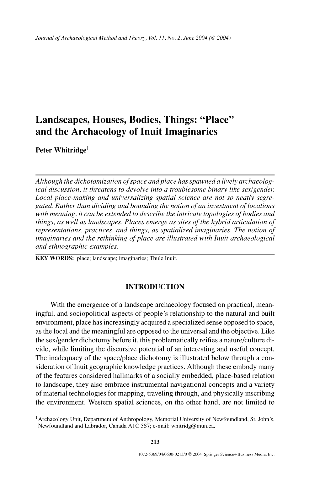 Landscapes, Houses, Bodies, Things: “Place” and the Archaeology of Inuit Imaginaries