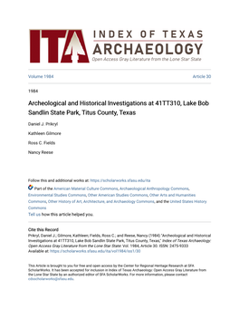 Archeological and Historical Investigations at 41TT310, Lake Bob Sandlin State Park, Titus County, Texas