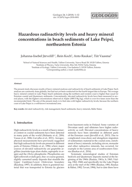 Hazardous Radioactivity Levels and Heavy Mineral Concentrations in Beach Sediments of Lake Peipsi, Northeastern Estonia