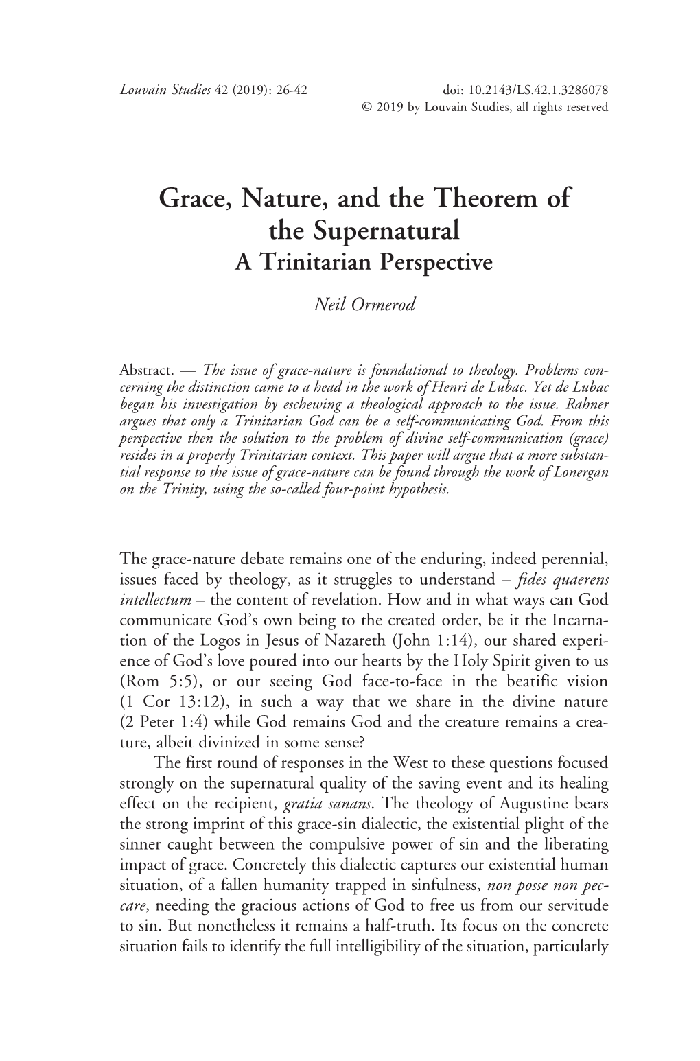Grace, Nature, and the Theorem of the Supernatural a Trinitarian Perspective Neil Ormerod
