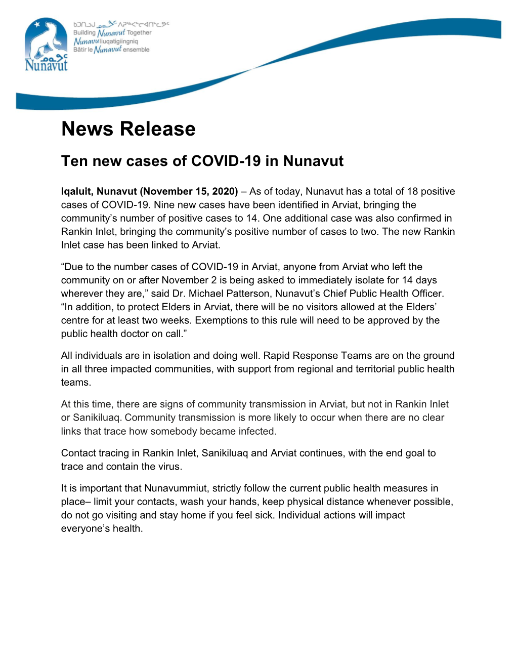 News Release Ten New Cases of COVID-19 in Nunavut