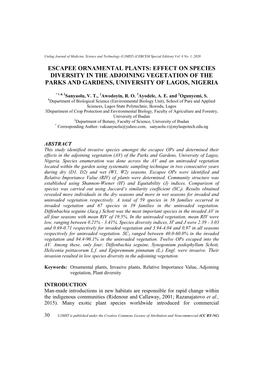 Escapee Ornamental Plants: Effect on Species Diversity in the Adjoining Vegetation of the Parks and Gardens, University of Lagos, Nigeria