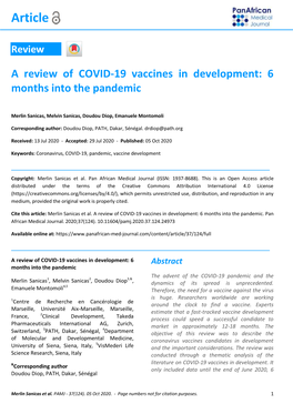 A Review of COVID-19 Vaccines in Development: 6 Months Into the Pandemic
