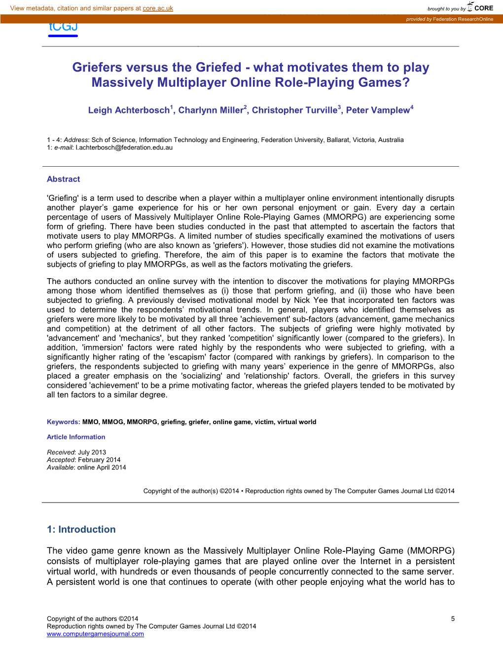 The Computer Games Journal 3(1) Candlemasprovided by Federation 2014 Researchonline