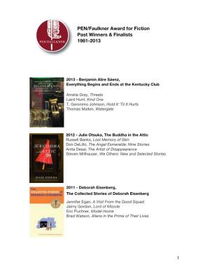 PEN/Faulkner Award for Fiction Past Winners & Finalists 1981-2013