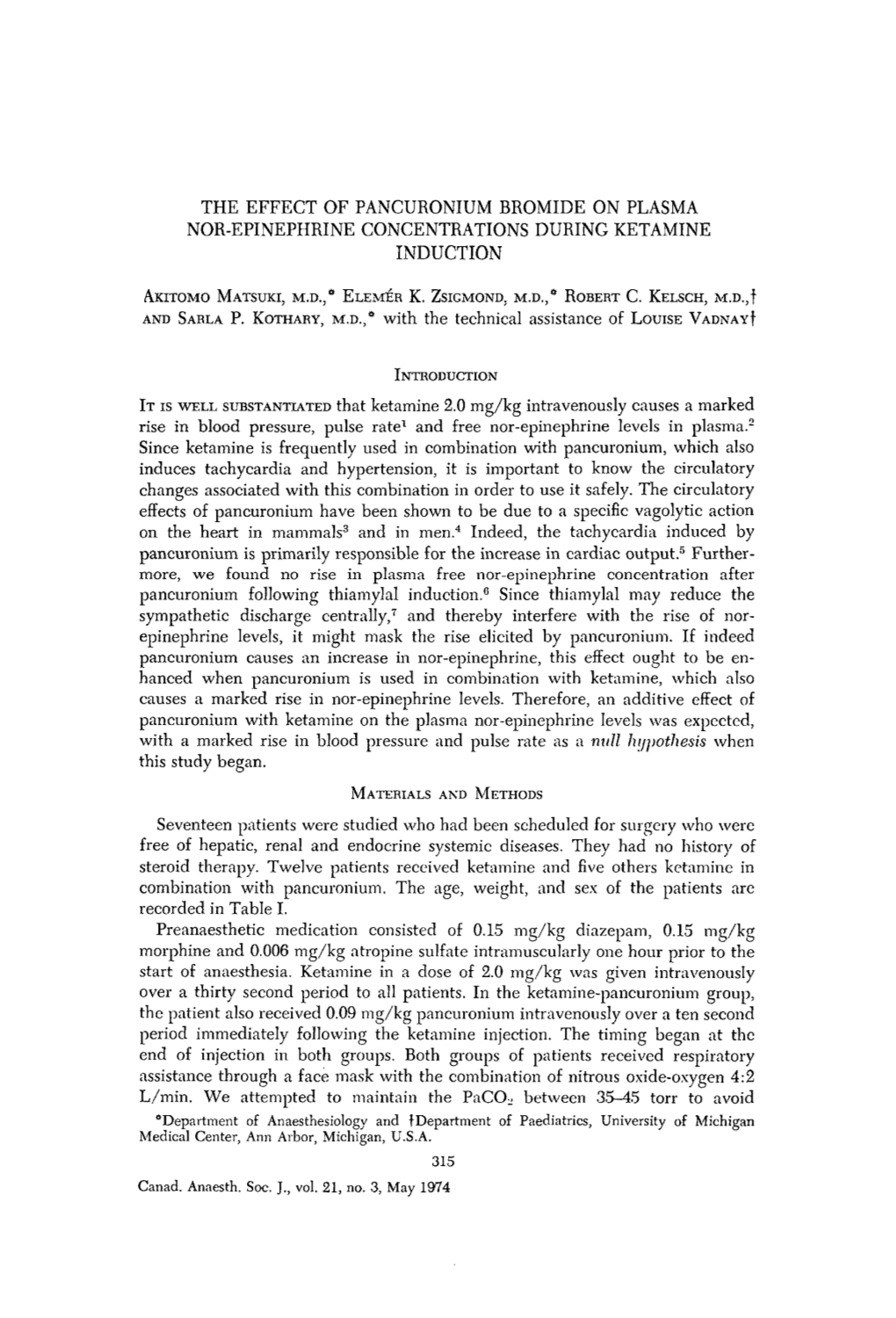 The Effect of Pancuronium Bromide on Plasma Nor-Epinephrine Concentrations During Ketamine Induction