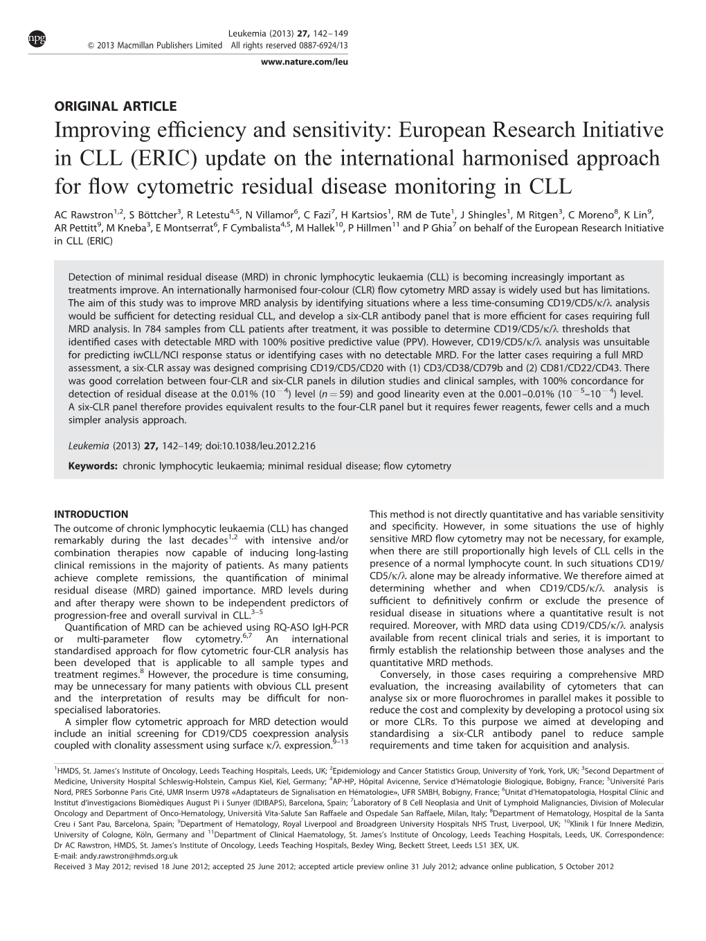 (ERIC) Update on the International Harmonised Approach for Flow Cytometric Residual Disease Monitoring In