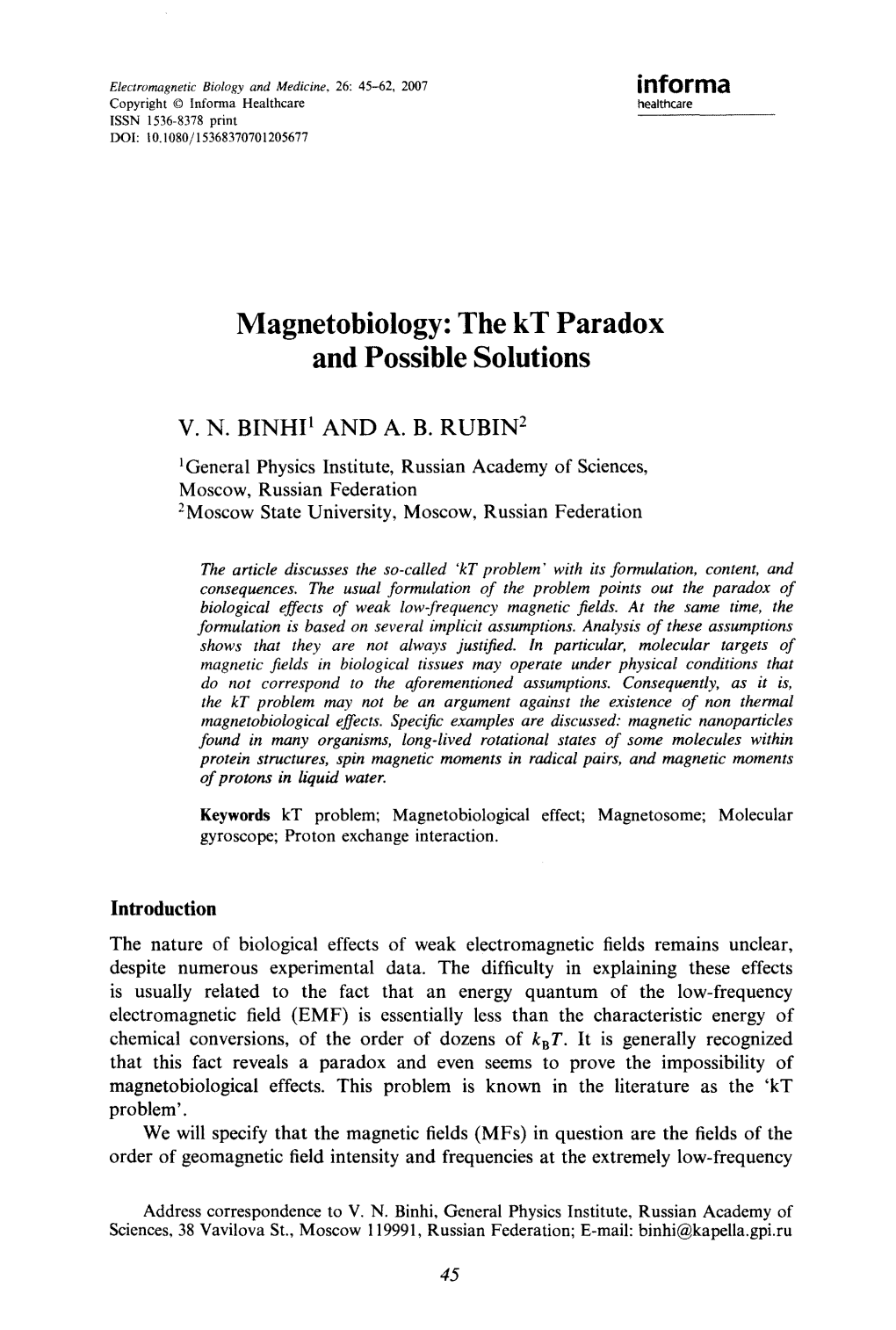Magnetobiology: the Kt Paradox and Possible Solutions