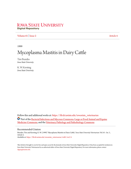 Mycoplasma Mastitis in Dairy Cattle Tim Brandes Iowa State University