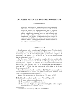 CW POSETS AFTER the POINCARE CONJECTURE 1. Introduction