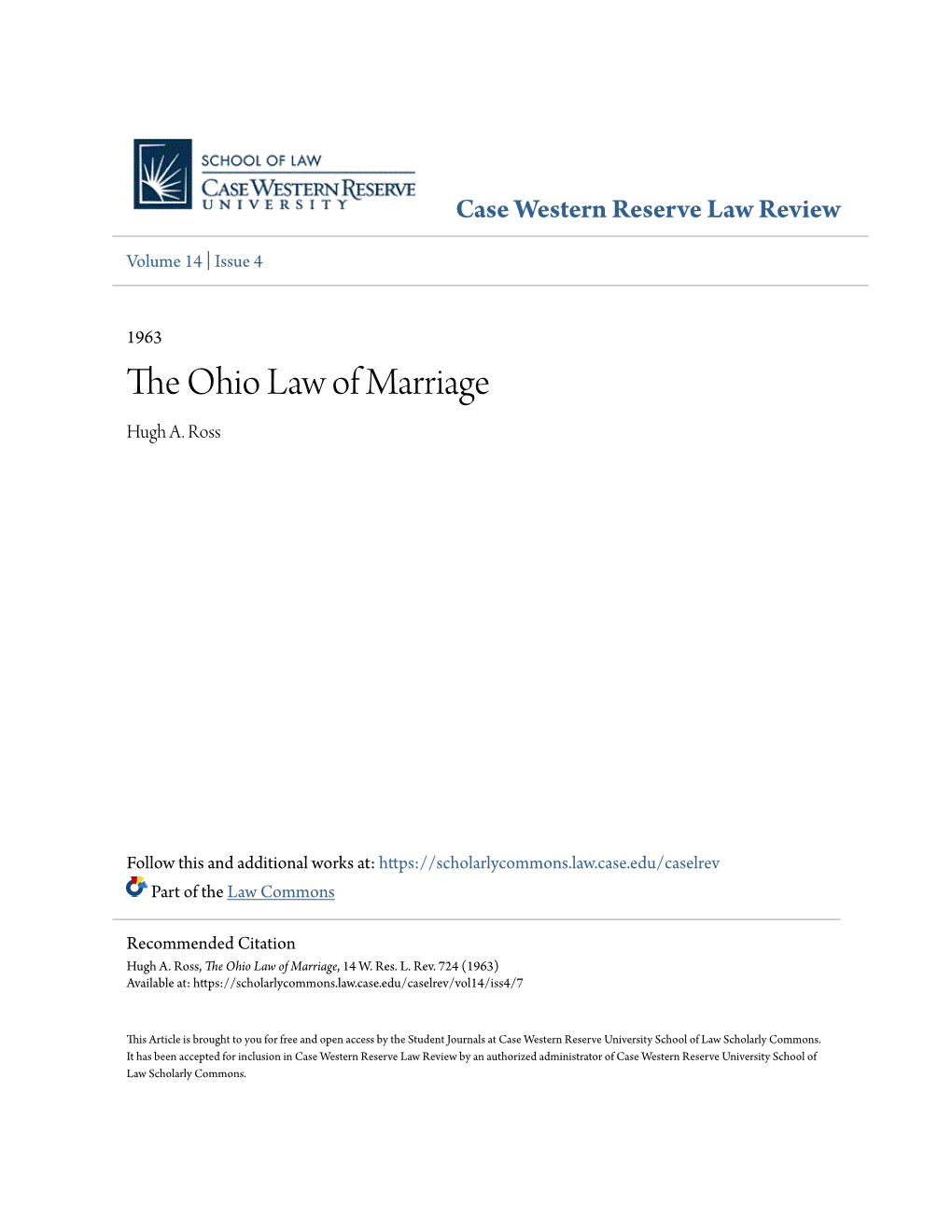 The Ohio Law of Marriage Hugh A
