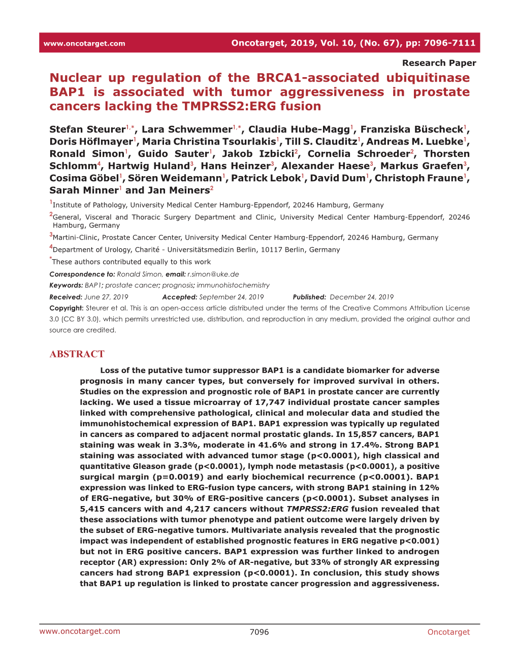 Nuclear up Regulation of the BRCA1-Associated Ubiquitinase BAP1 Is Associated with Tumor Aggressiveness in Prostate Cancers Lacking the TMPRSS2:ERG Fusion