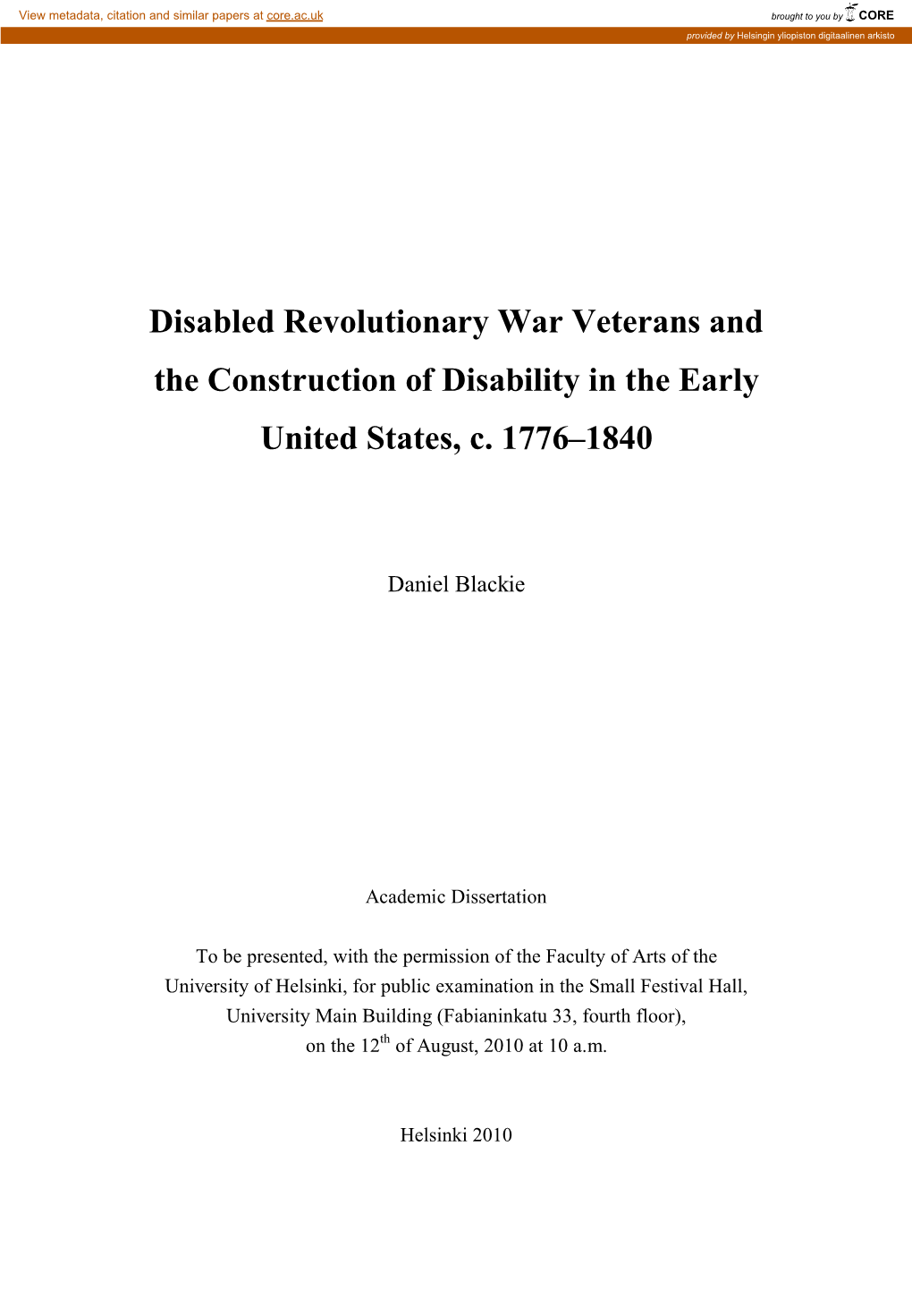 Disabled Revolutionary War Veterans and the Construction of Disability in the Early United States, C