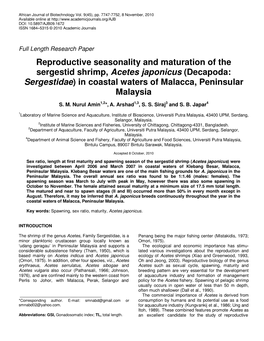 Reproductive Seasonality and Maturation of the Sergestid Shrimp, Acetes Japonicus (Decapoda: Sergestidae ) in Coastal Waters of Malacca, Peninsular Malaysia