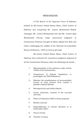 PRESS RELEASE a Full Bench of the Supreme Court of Pakistan Headed