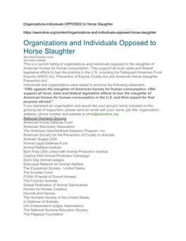 Organizations/Individuals Opposed to Horse Slaughter