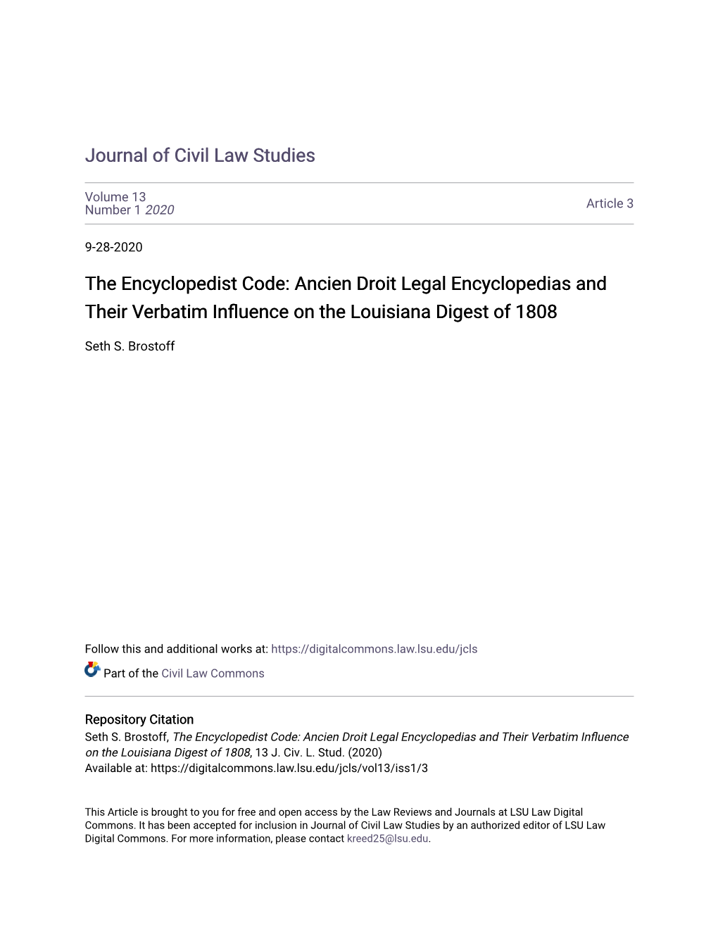 The Encyclopedist Code: Ancien Droit Legal Encyclopedias and Their Verbatim Influence on the Louisiana Digest of 1808