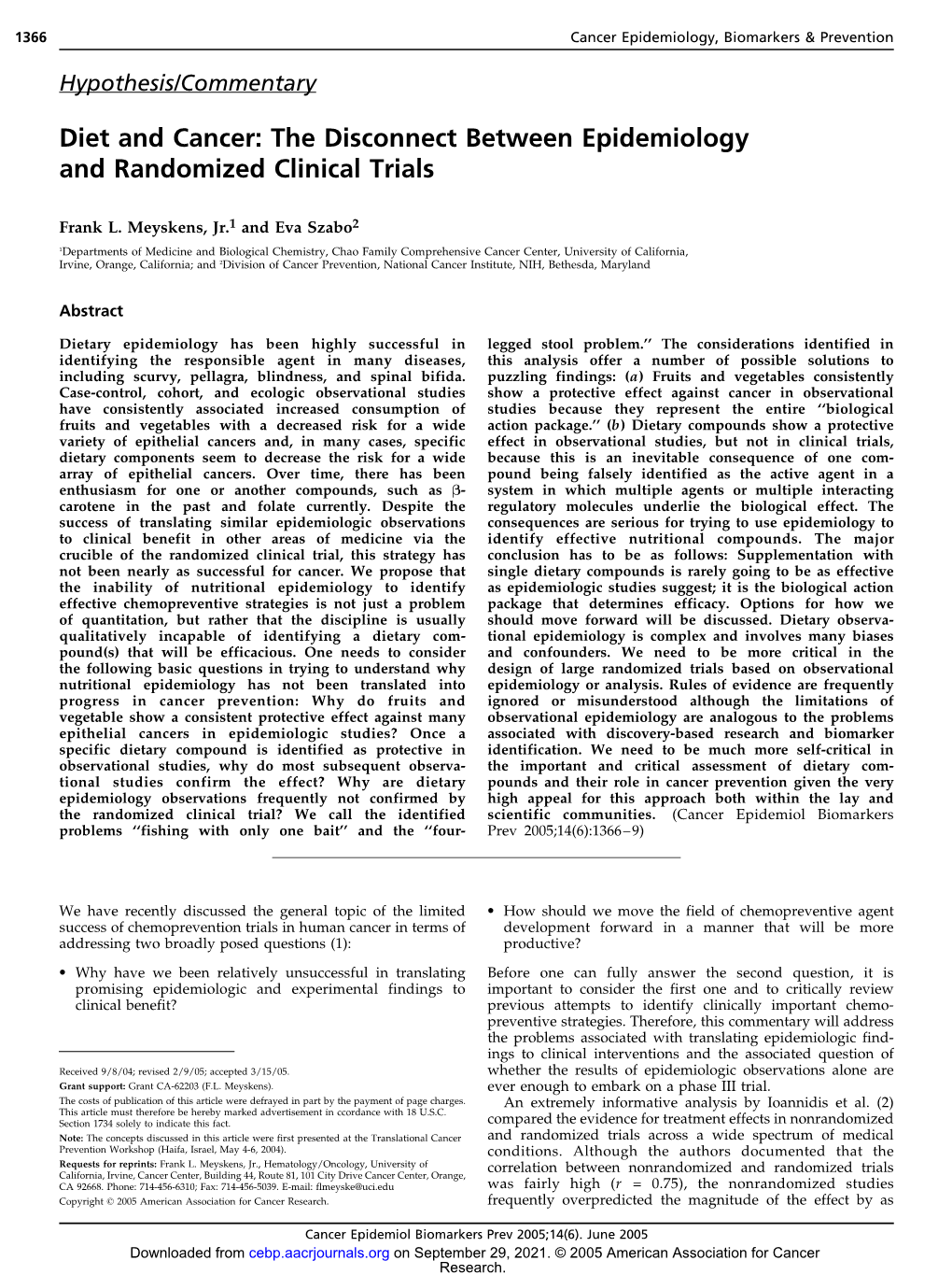 Diet and Cancer: the Disconnect Between Epidemiology and Randomized Clinical Trials