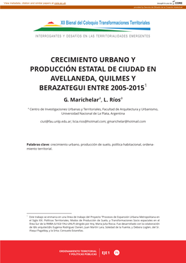 Crecimiento Urbano Y Producción Estatal De Ciudad En Avellaneda, Quilmes Y Berazategui Entre 2005-20151