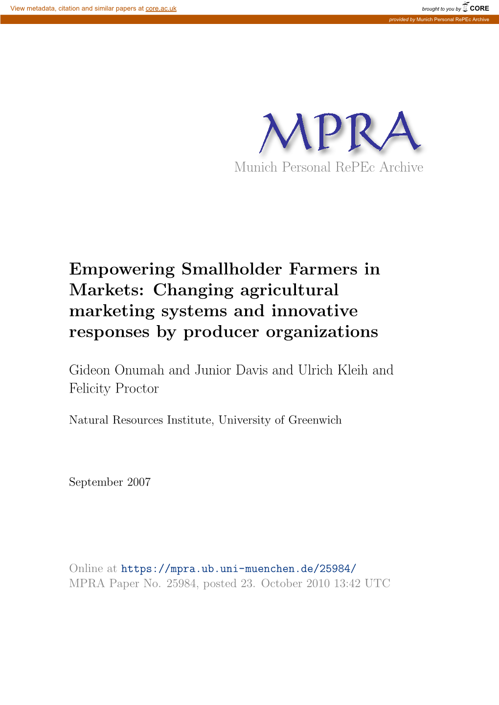 Empowering Smallholder Farmers in Markets: Changing Agricultural Marketing Systems and Innovative Responses by Producer Organizations