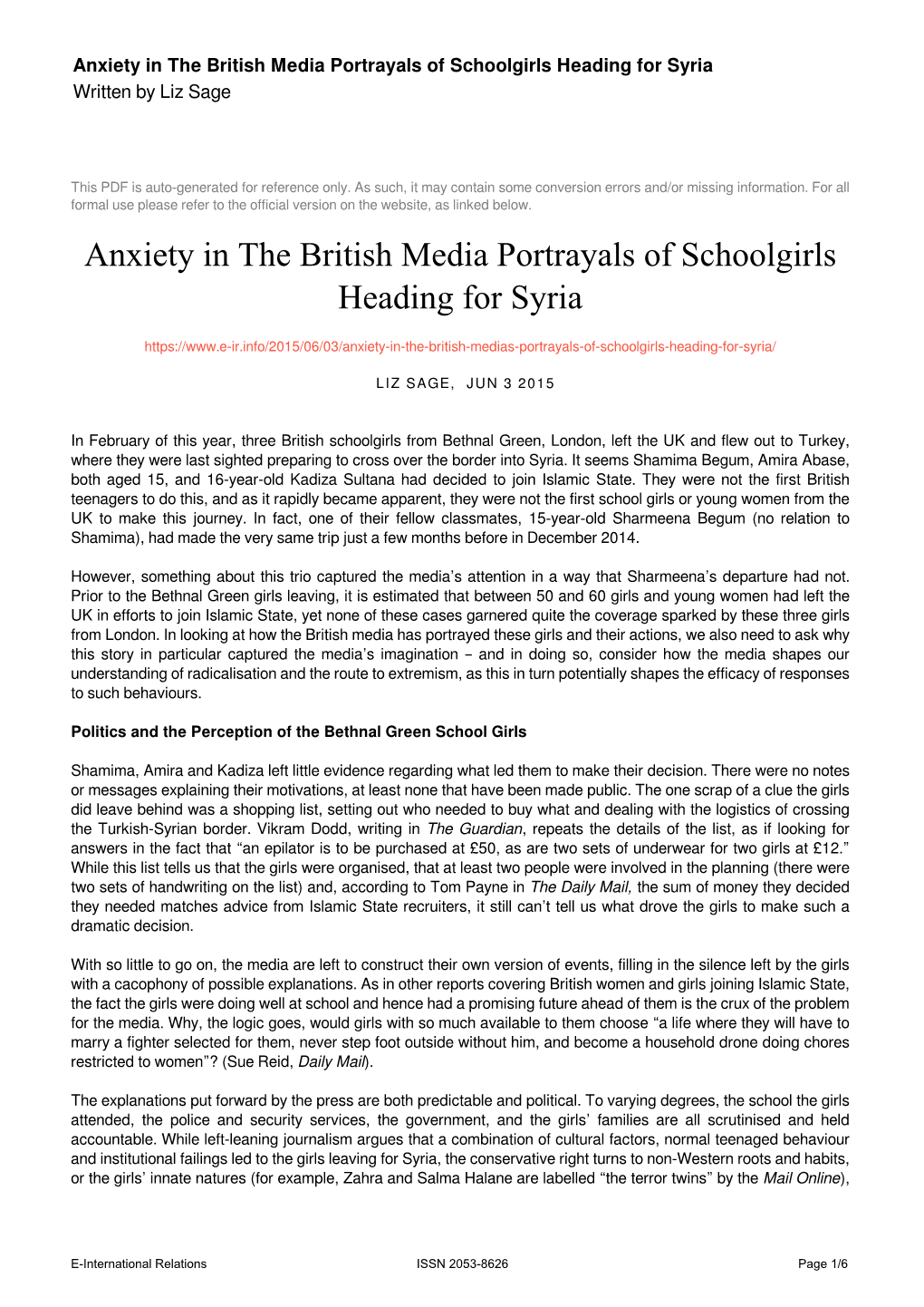 Anxiety in the British Media Portrayals of Schoolgirls Heading for Syria Written by Liz Sage