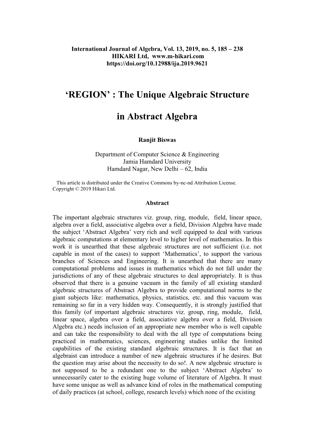 „REGION‟ : the Unique Algebraic Structure in Abstract Algebra 187