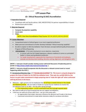 LTP Lesson Plan LD: Ethical Reasoning & SACS Accreditation I