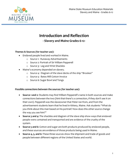 Introduction and Reflection - Slavery and Maine Grades 6-12