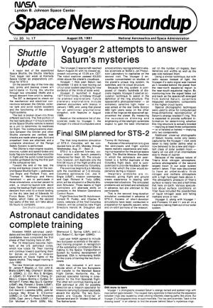 Shuttle Voyager 2 Attempts to Answer Update Saturn's Mysteries Astronaut Candidates Complete Training
