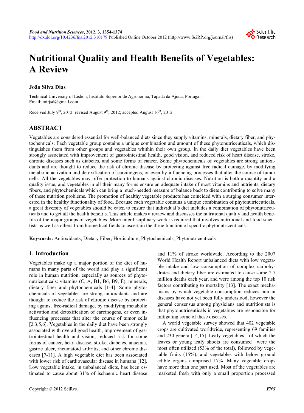 Nutritional Quality and Health Benefits of Vegetables: a Review