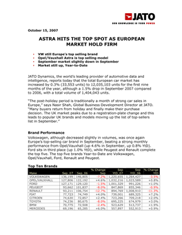 Astra Hits the Top Spot As European Market Holds Firm
