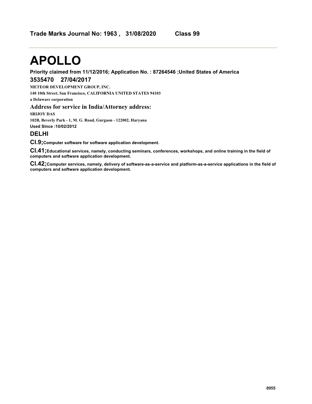 APOLLO Priority Claimed from 11/12/2016; Application No