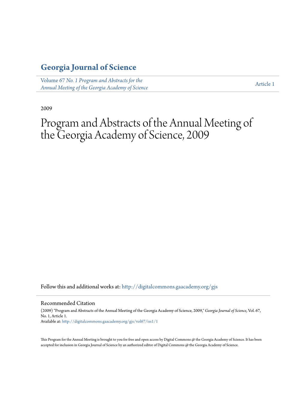 Program and Abstracts of the Annual Meeting of the Georgia Academy of Science, 2009