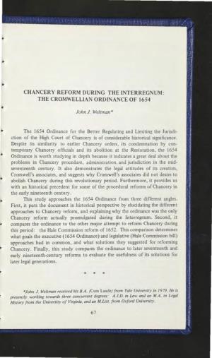 Chancery Reform During the Interregnum: the Cromwellianordinance of 1654