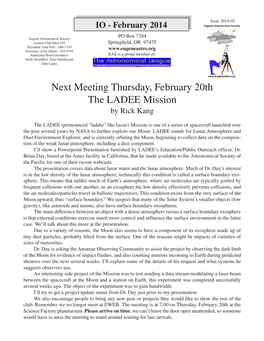 Next Meeting Thursday, February 20Th the LADEE Mission by Rick Kang