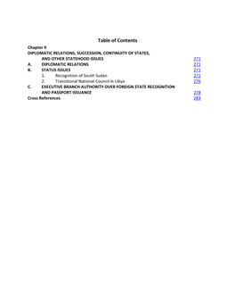 Table of Contents Chapter 9 DIPLOMATIC RELATIONS, SUCCESSION, CONTINUITY of STATES, and OTHER STATEHOOD ISSUES 271 A